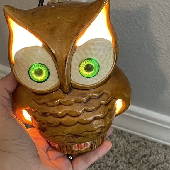 Vtg Groovy Green Eyes Ceramic Owl Bird Small Table Night Light Lamp 6.5” As Is - Picture 7 of 7